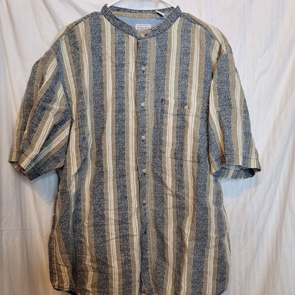 Vintage Bugle Boy Company Collarless Button Up Shirt Blue Tan Stripes XL - Picture 1 of 12